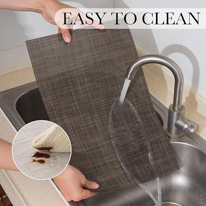 BACKTOEDEN Placemats Set of 6 Heat Resistant Washable Wipeable Placemat Woven Non-Slip Foldable Vinyl/Plastic Place Mats Indoor/Outdoor Mat Kitchen Dining Table Pad, Dark Brown