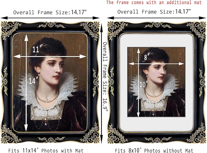 11x14 Vintage Picture Frame Black Baroque Gothic Picture Frames Antique Ornate Victorian for Wall Display, Fits 11x14 or 8x10 Photo with Mat
