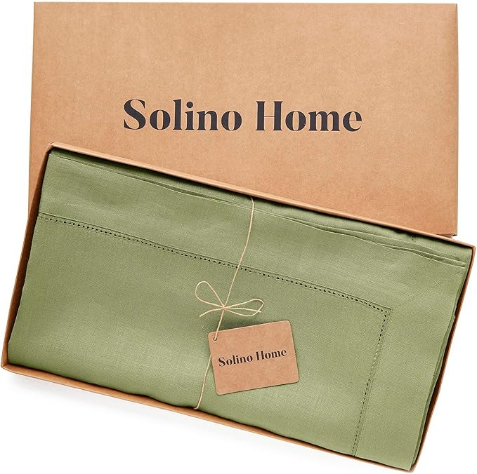 Solino Home Linen Tablecloth 60 x 132 Inch - Classic Hemstitch 100% Pure Linen Moss Green Table Cloth for Rectangle Tables - Machine Washable Tablecloth for Fall, Autumn, Thanksgiving, Winter