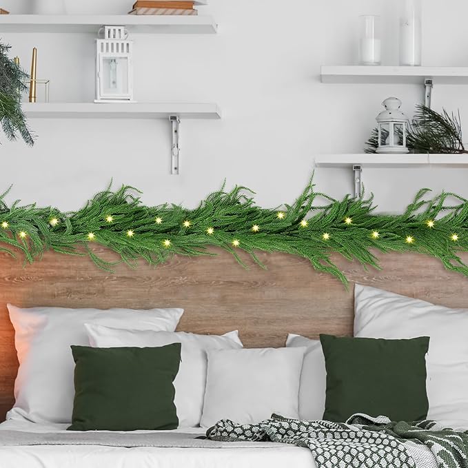 Fovths 1 Pack 12 Feet Christmas Norfolk Garlands Set Green Artificial Winter Pine Garlands Light String Faux Greenery Garland Pine Garland for Xmas Holiday Home Indoor Decor, Green