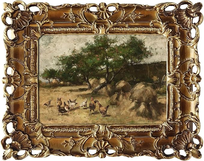 FOLKOR Farmhouse Wall Art for Garden Garage Decor, Vintage Canvas Prints with Gold Frame for Tabletop Shelf, Roosters in the Yard Landscape for Hallway Entryway Gallery Wall Decoration, 4x6