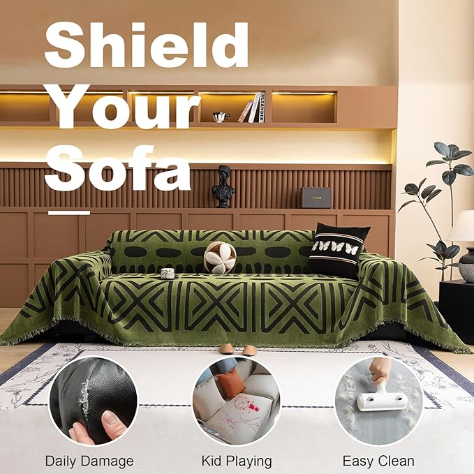 VClife Boho Couch Cover Soft Chenille Sofa Cover for Sofa Bed, 1 Piece XL Couch Covers for 3 Cushion Couch Sofa Washable Green Black Jacquard Pattern Sofa Protector for Living Room 71''x134''