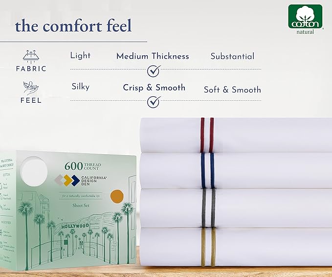 California Design Den Luxury Queen Size Sheet Set - 100% Cotton, 600 Thread Count Deep Pocket Queen Sheets, Hotel-Quality Bedding with Sateen Weave - White Embroidered Navy