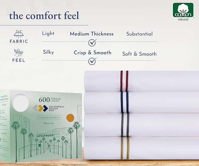 California Design Den Luxury King Size Sheet Set - 100% Cotton, 600 Thread Count Deep Pocket King Sheets, Hotel-Quality Bedding with Sateen Weave - White Embroidered Navy