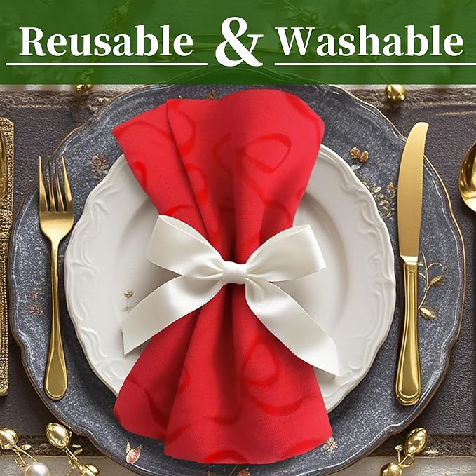 Red Napkins Cloth, Square Napkins 18"x18" - Cotton & Polyester | Wrinkle/Fade Resistant - 12PC Reusable Napkins Washable, Christmas Table Napkin for Wedding, Dinner & Party, Bow Jacuqard