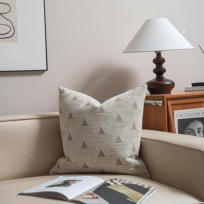 2025 New 18x18'' inches Throw Pillow Cushion Covers - Triangle Beige Color Chenille Jacquard Embroidery Luxury Modern Style Couch Sofa Bed Pillow Cover for Living Room Bedroom