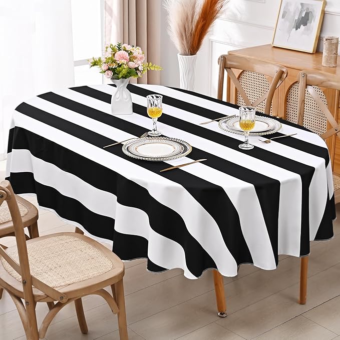ASPMIZ Black and White Striped Tablecloth for Oval Tables, Geometric Stripe Waterproof Table Cloth for Kitchen Dining Room, Polyester Tablecloth Oval 60” x 84"