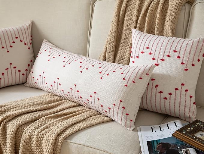 Caflife Christmas Lumbar Pillow Cover 14x36 Long Pack of 1 Decorative Pillows Bed, Beige with Red Body Throw Pillow Covers, for Modern Farmhouse Sofa Bedroom Living Room Home Decor Couch Pillowcase