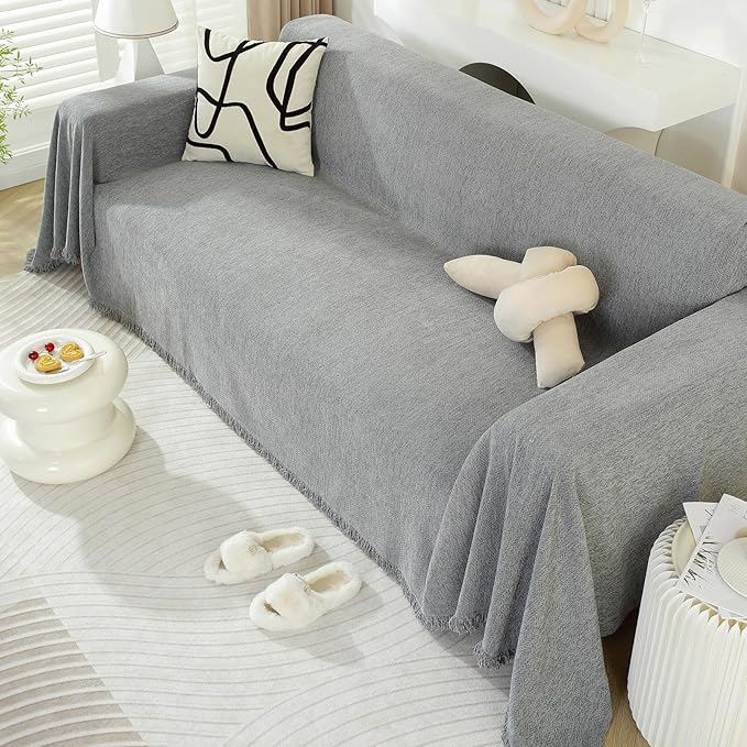 DREAMINGO Modern Minimalism Couch Cover Pets Loveseat Protector Light Grey Chenille Sofa Covers for Sectional 3 Seat Couch Boho Herringbone Furniture Cover Waterproof Sofa Slipcover, 71"x118"