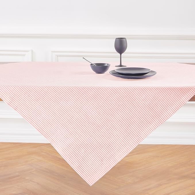 Solino Home Linen Striped Tablecloth 52 x 52 Inch - 100% Pure Linen Peach and White Square Table Throw - Narrow Stripe, Machine Washable Tablecloth