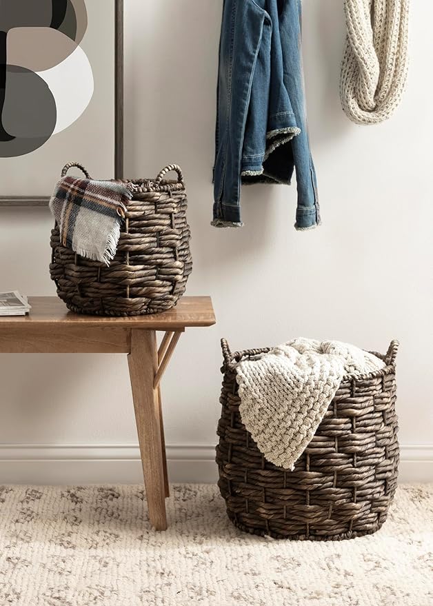Kate and Laurel Livia Modern Two-Piece Woven Basket Set; 16 x 16 and 13 x 13; Warm Brown Water Hyacinth; Transitional Natural Wicker Baskets for Use as Woven Planters or Living Room Blanket Baskets