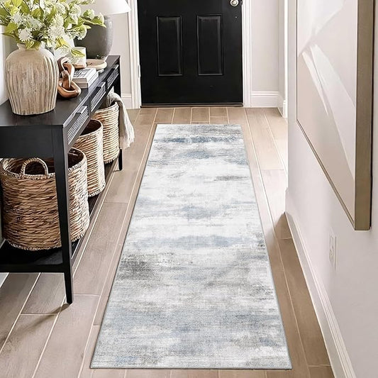 Enkor Runner Rug for Hallways, 2x6 Washable Soft Non Slip Abstract Rugs for Kitchen, Modern Mat for Entryway Living Room Bedroom Blue & Grey