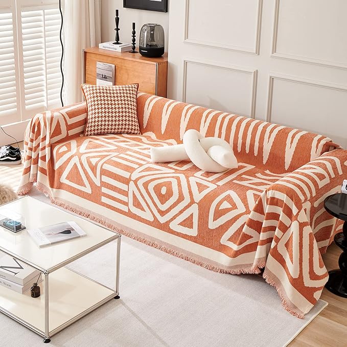 VClife Boho Couch Cover Armchair Sofa Cover, Anti-Slip Chenille Sofa Slipcover Pet Sectional Sofa Cover for Couch/Daybed - Washable White Caramel Chair Couch Cover Versatile Sofa Protector 71"X90"