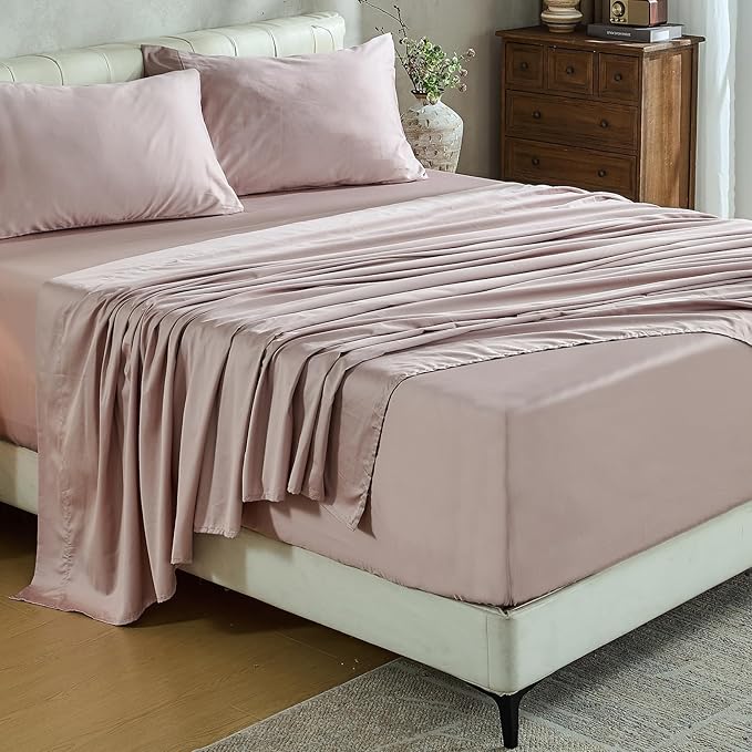 MEISHANG Extra Deep Pocket Cotton Sheets Queen Size - 100% Egyptian Cotton 1000 Thread Count - Fits 18"-24" in Deep Mattress,Oeko-Tex Certified, Soft & Breathable - 4 Piece (Queen, Dusty Pink)