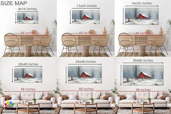 GUTTATY Christmas Winter Scene Canvas Wall Art, Rustic Red Barn Pictures, Snowy Landscape Wall Print, Country Farmhouse Canvas Painting, Festive Hanging Artwork for Living Room Decor, 40x20 Inch