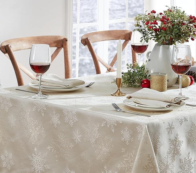 Newbridge Fancy Metallic Snowflake Christmas Fabric Tablecloth, 52 x 52 Inch Square, Ivory Gold, No-Iron Soil Resistant Sparkling Snowflakes Woven Holiday Table Cover