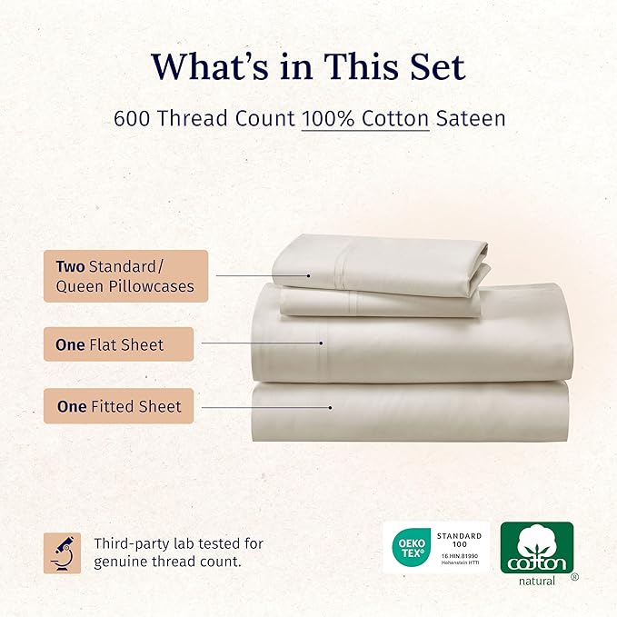 California Design Den Queen Size Sheet Set - Luxury 600 Thread Count Sateen, 100% Cotton Sheets, Deep Pockets, All Around Elastic for a Snug Fit, Hotel Quality Bedding Set - Ivory (Warm Cream)