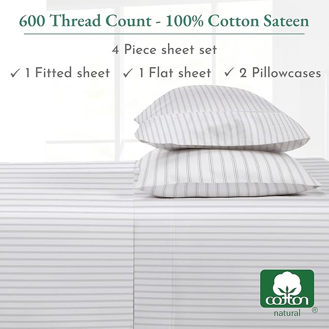 California Design Den California King Sheet Set - 100% Cotton, 600 Thread Count Deep Pocket, Luxury Soft Sateen Hotel-Quality Cal King Sheet Set - Ticking Stripe Pattern