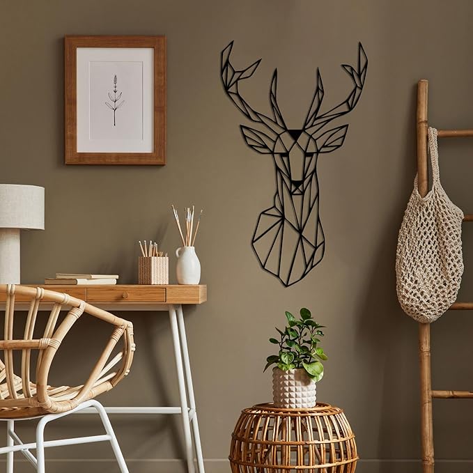 DEKADRON Metal Wall Art Geometric Deer Head Metal Deer Head with Antlers Wall Silhouette (56 x 90 cm)
