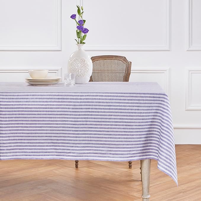 Solino Home Linen Striped Tablecloth 60 x 90 Inch - 100% Pure Linen Violet and White Table Cloth for Rectangle Tables - Amalfi Stripe, Machine Washable Tablecloth
