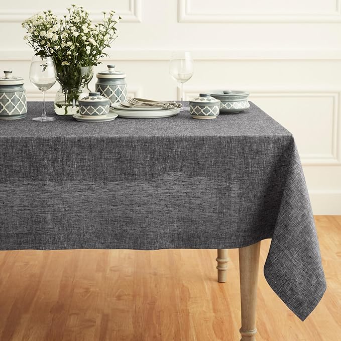 Solino Home Linen Cloth Tablecloth 52 x 52 Inch - 100% Pure Linen Chambray Black Square Tablecloth - Athena, Machine Washable Table Throw for Fall, Autumn, Winter, Thanksgiving, Holiday