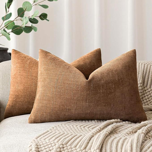 Foindtower Pack of 2 Soft Textured Chenille Throw Decorative Pillow Covers Lumbar Accent Solid Cushion Cover Cozy Farmhouse Pillow Case with Zippe for Couch Sofa Bed Living Room 12x24 Inch, Bronze