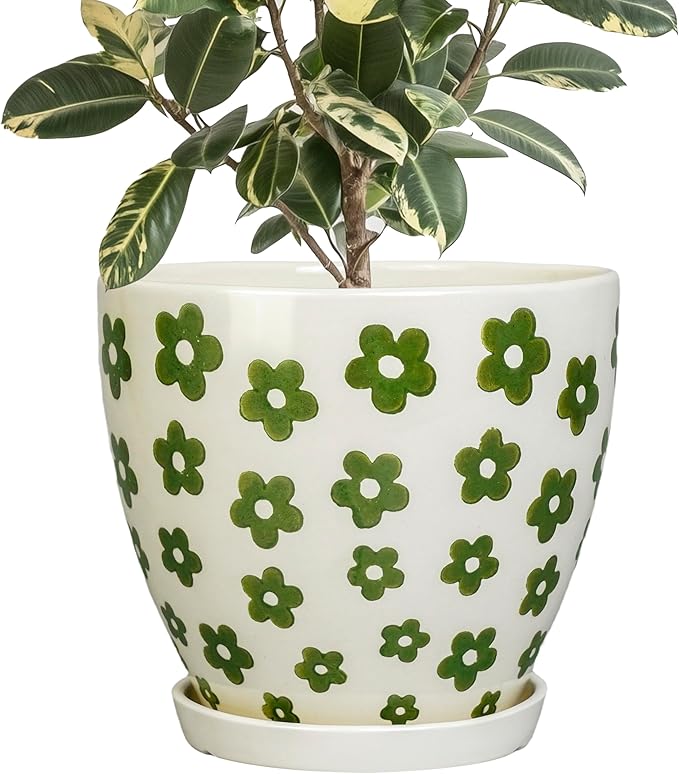 Ceramic Flower Pot - 10 Inch Plant Pot Indoor with Drainage Hole and Saucer, Boho Round Ceramic Planter for Indoor Outdoor Plants, Plant Lover Gifts, Home Garden House Decor, White