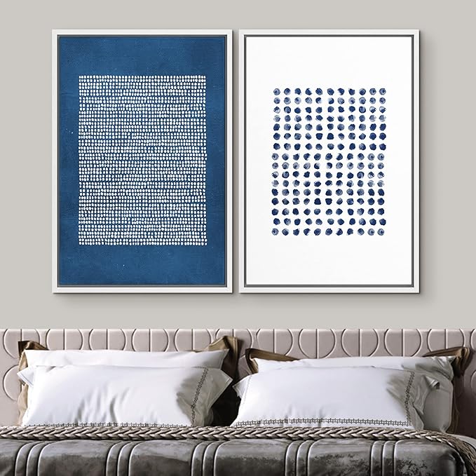 SIGNWIN Framed Canvas Print Wall Art Set Navy Blue White Geometric Dot Collage Abstract Shape Illustration Modern Art Decorative Nordic Multicolor for Living Room, Bedroom, Office - 24"x36"x2 White