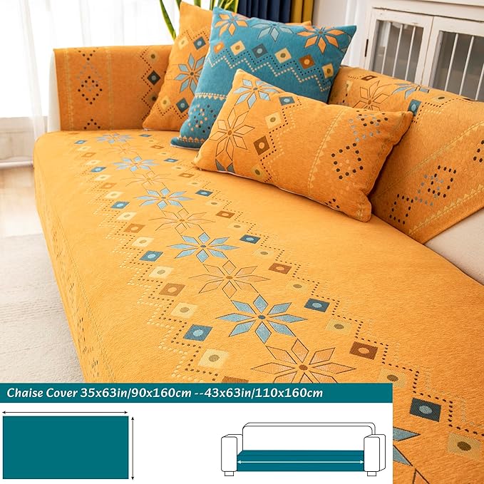 Boho Chenille Couch Covers,Geometric Couch Covers for Sofa,Chenille Couch Cover Non Slip,Sectional l Shaped Sofa Furniture Protector Cover for Home Decor,Orange_Chaise 35x63in/90x160cm