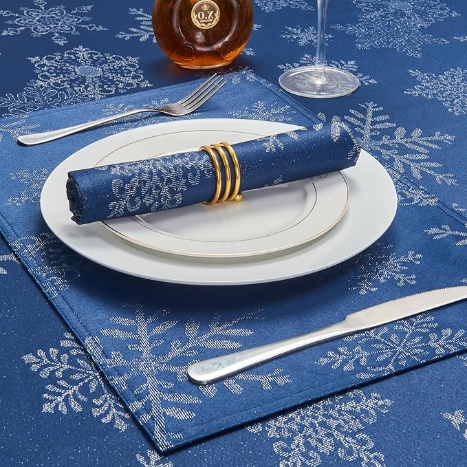 Rectangle Fancy Metallic Sparkling Snowflake Christmas Fabric Table Cloth red Hunter Gold Navy White Silver No-Iron Soil Resistant Woven Holiday Table Cover(Navy Silver/52x70Inch)