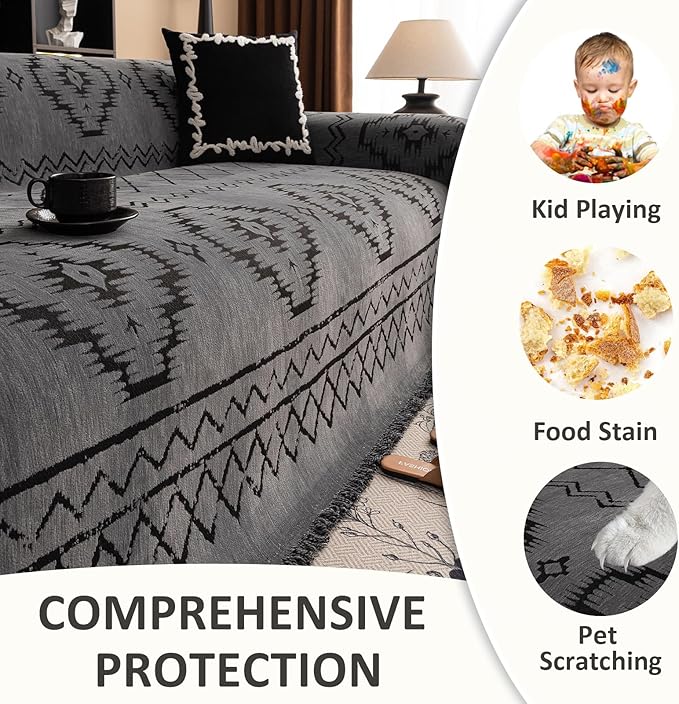 VClife Couch Cover Sofa Cover Washable Sofa Protector, Non Slip Couch Covers for 2 Cushion Couch Sofa Modern Tribal Pattern Sofa Slipcover Dog Furniture Protector, Soft Chenille, Dark Gray, 71"X118"