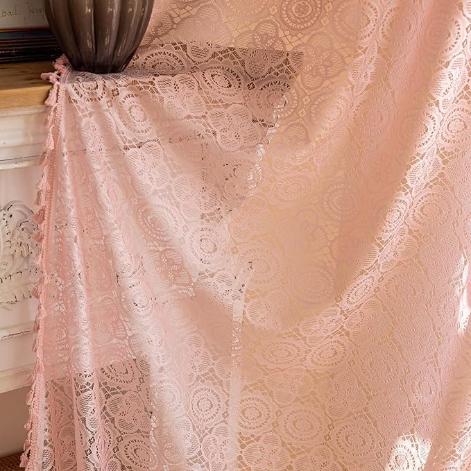 Light Pink Sheer Curtains 54 Inch Length 2 Panels Boho Floral Lace Curtains Short with Tassel Farmhouse Crochet Drapes for Kitchen Bathroom Girls Room Small Windows Rod Pocket Privacy W59 x L54