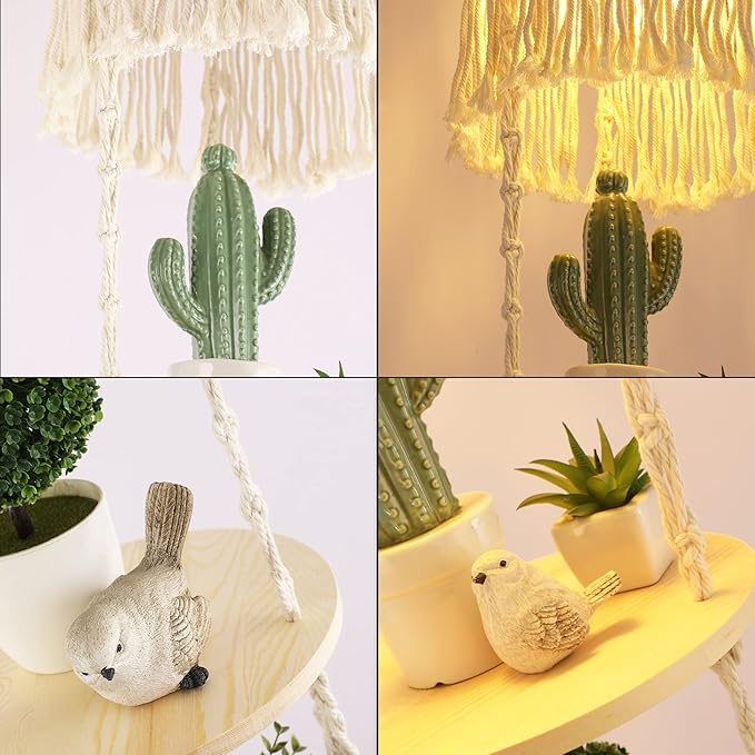Boho Plug in Pendant Light,Hanging Light with Plug in Cord,Hanging Lamp Macrame Lamp Shade,Dimmable Switch,3 Tier Hanging Plant Shelf Shelves Bohemian Decor for Bedroom Living Room Corner