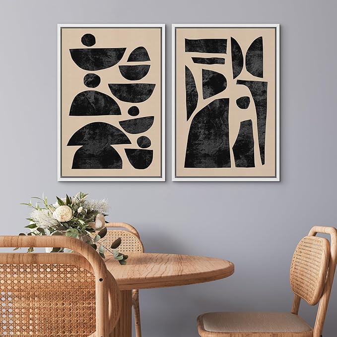 SIGNWIN Framed Canvas Print Wall Art Set Mid-Century Semi-Circle Polygons Variety Abstract Shapes Illustrations Modern Art Minimal Boho for Living Room, Bedroom, Office - 24"x36"x2 White