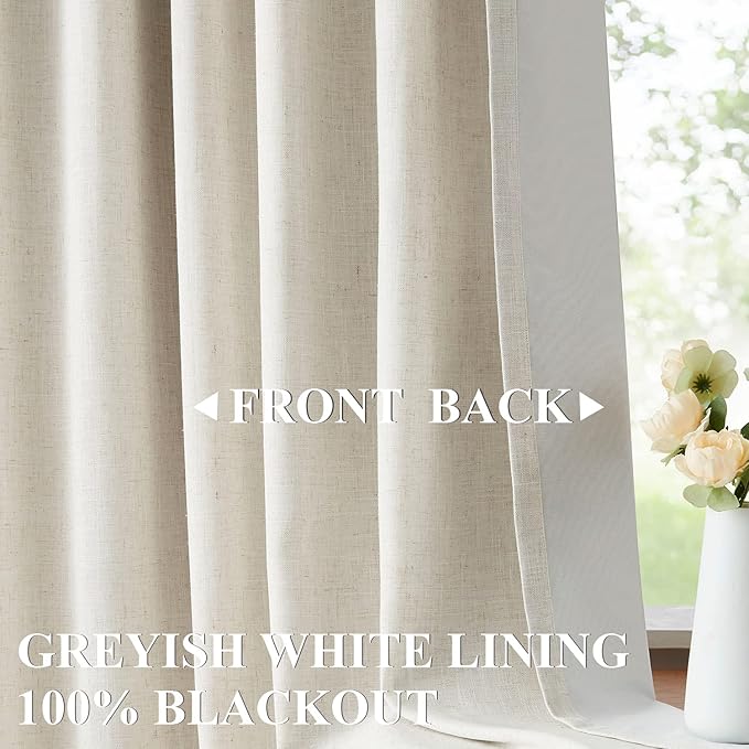 Vision Home Natural Pinch Pleated Full Blackout Curtains Linen Blended Room Darkening Window Curtains 72 inch for Living Room Bedroom Thermal Insulated Pinch Pleat Drapes with Hooks 1 Panel 60"Wx72"L