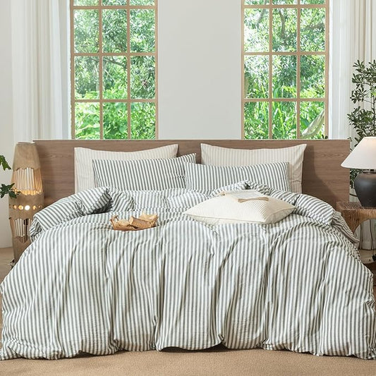 MooMee Striped Duvet Cover Set 100% Washed Cotton Linen Like Textured Breathable Durable Soft Comfy (Heathered Green Classic Stripes, Super King Plus 120"x120")