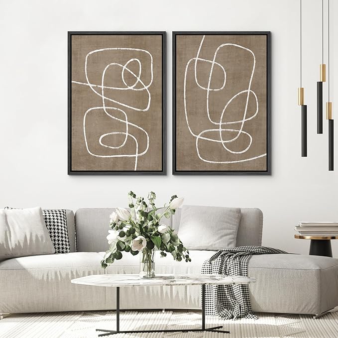 SIGNWIN Framed Canvas Print Wall Art Set Geometric Mid-Century Spiral Collage Abstract Shapes Cozy Neutral Minimal Decorative Nordic Zen Bohemian for Living Room, Bedroom, Office - 16"x24"x2 Black