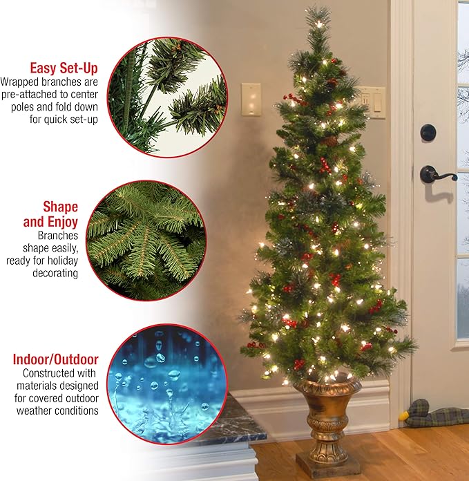 National Tree Company Pre-Lit Artificial Entrance Christmas Tree, Green, Crestwood Spruce, White Lights, Decorated with Pine Cones, Berry Clusters, Frosted Branches, Includes Pot Base, 5 Feet