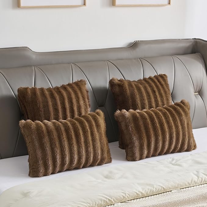 FUTEI Brown Decorative Throw Pillow Covers 24x24 Inch Set of 2,Soft Fluffy Faux Rabbit Fur Dyeing Striped Textured European Cushion Case,Modern Home Decor for Couch Bed Living Room