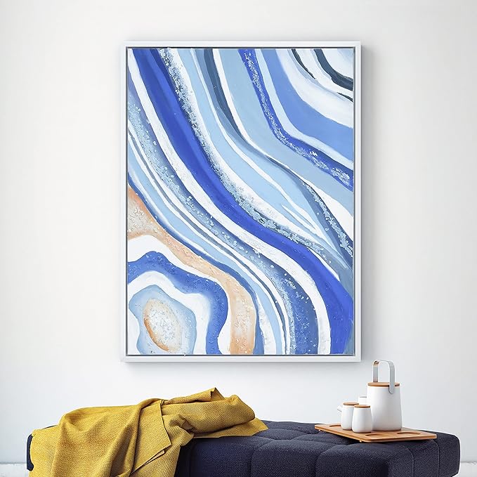 Empire Art Direct Abstract Wall Art Textured Hand Painted Canvas by Martin Edwards, White Frame, 40" x 30", Blue Elixer