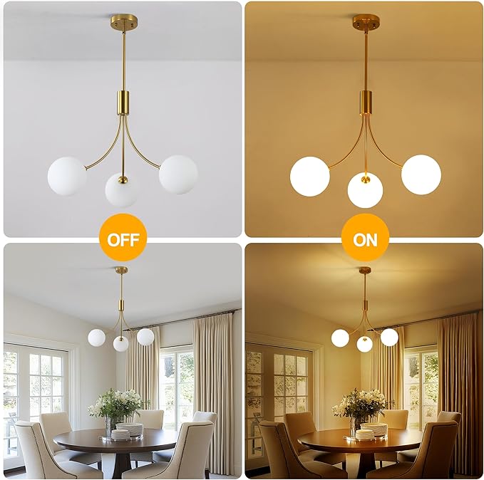 3-Light Gold Sputnik Chandeliers for Dining Room Light Fixture, Mid Century Hanging Modern Chandelier for Kitchen Island Foyer Entryway, Milk White Globe Glass Shade