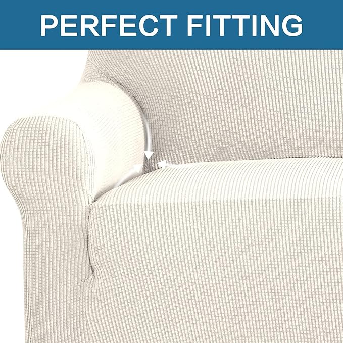H.VERSAILTEX Stretch Sofa Covers for 3 Cushion Couch Covers Sofa Slipcovers for Living Room Feature Thick Checked Jacquard Fabric with Elastic Bottom, Sofa X-Large - Ivory