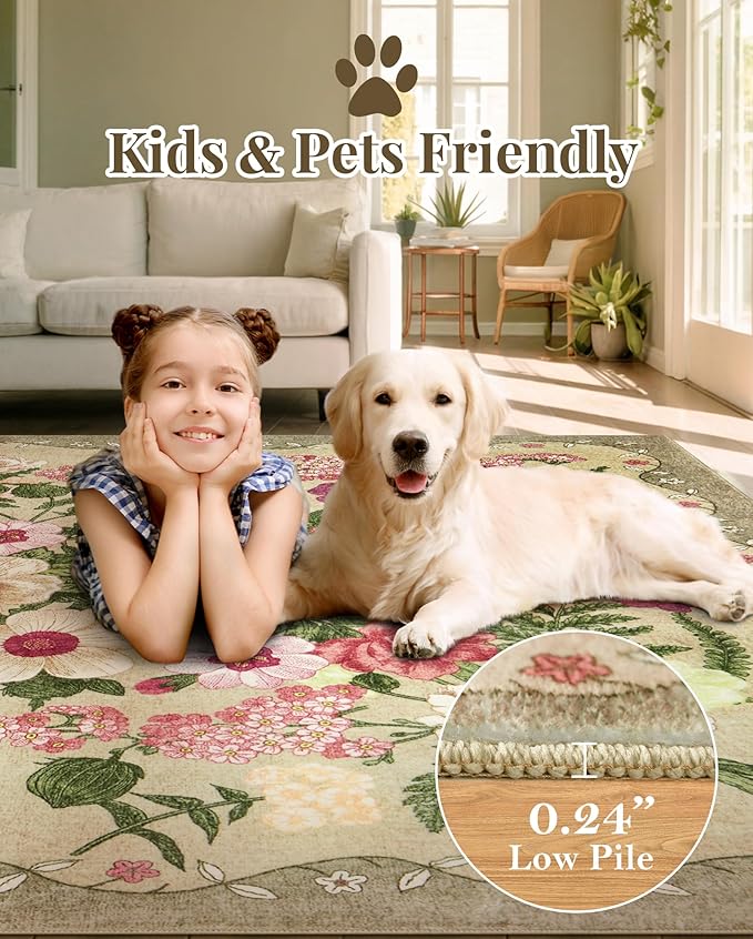Floral Runner Rug 2x6 - Washable Vintage Kitchen Rug Low Pile Non-Slip Carpet for Entryway Hallway, Laundry, Bedroom - Soft, Stain Resistant Indoor Area Rug - Brown