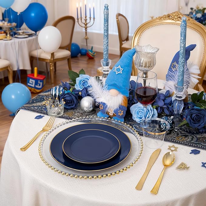 KIRE 350Pcs Blue and Gold Plates -Heavy Duty Navy Blue Dinnerware Set - 100 Plastic Plates 50 Pre Rolled Napkins with Gold Plastic Silverware 50 Cups for Upscale Hanukkah/Birthday/Wedding/Parties