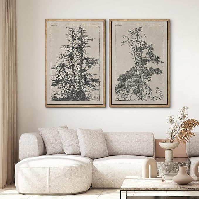 SIGNWIN Framed Canvas Print Wall Art Set Vintage Botanical Tree Sketches Illustrations Modern Art Minimal Boho Relax/Calm for Living Room, Bedroom, Office - 24"x36"x2 Natural