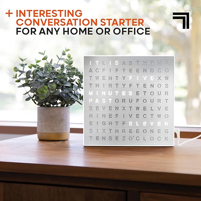 Sharper Image® LED Word Clock – 7.75" Light-Up Digital Clock for Desk & Wall| Modern Time Display Accent Clock| Unique Home Office Décor| Living Room Kitchen Bedroom| Housewarming Gift for Men & Women