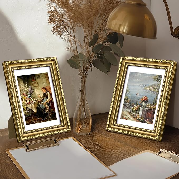 eletecpro 5x7 Picture Frames Set of 2, Vintage Photo Frames with Glass, Display 4x6 Photo with Mat or 5x7 without Mat for Tabletop or Wall Decor, Gold