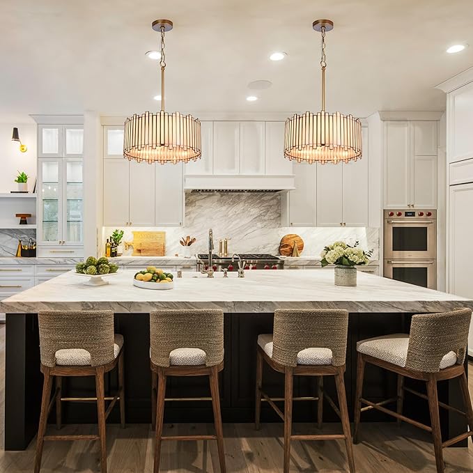 Drum Chandelier 4-Light, Brass Gold Tiffany Pendant Lighting Fixture with Stained Grey Glass Shade, 16” Round Ceiling Hanging Lamp for Bedroom Dining Room Kitchen Entryway Living Room