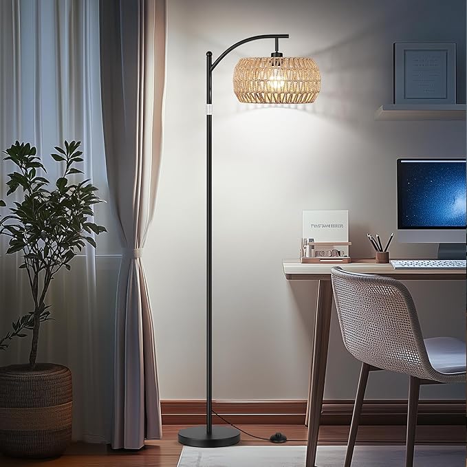 ROTTOGOON Rattan Floor Lamps for Living Room, Boho Standing Lamps with Rattan Shades, Arc Lamps Floor Standing with 9W Bulb, Foot Switch, Bohemian Floor Lamps for Bedroom, Office- Black