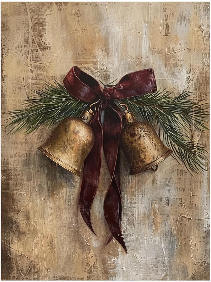 Moody Christmas Wall Art Print,Vintage Holiday Print,Brass Bells Rustic Oil Painting,Country Christmas Antique Winter Wall Decor